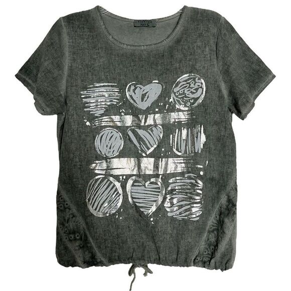 Via Vitale Cotton Linen Gauze Top Womens Small Eyelet Drawstring Hem Foil Hearts - Picture 11 of 11